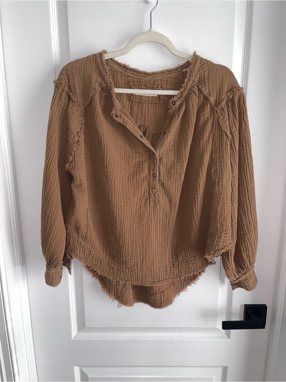 We The Free Rustic Tan Gauze Long Sleeve Henley Blouse
